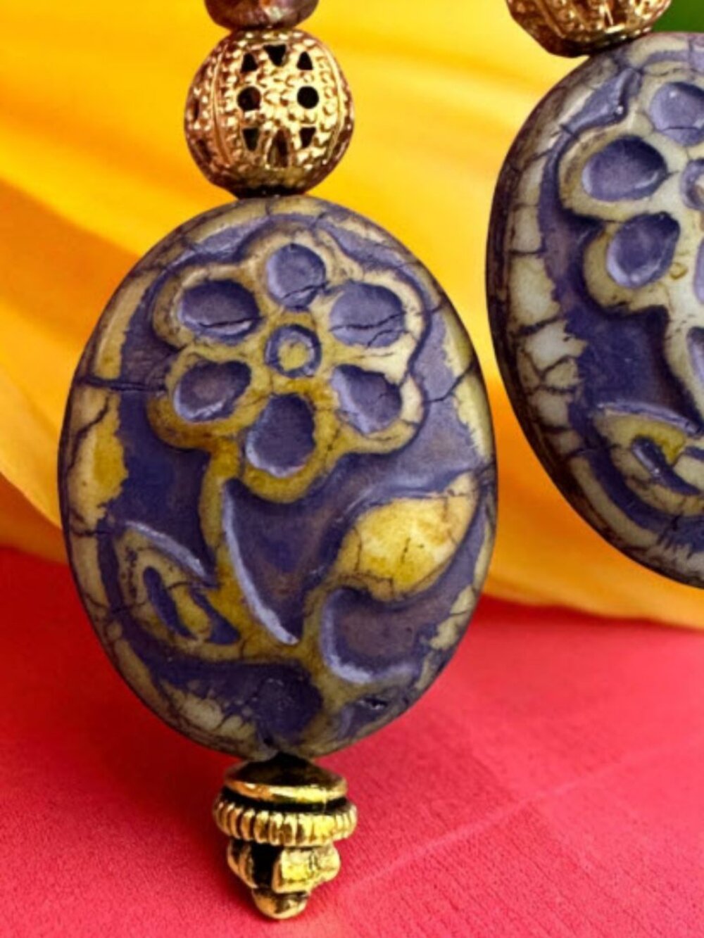 Indigo Czech Glass Flower Earrings Boho Cottagecore Floral Dangle 2.25"